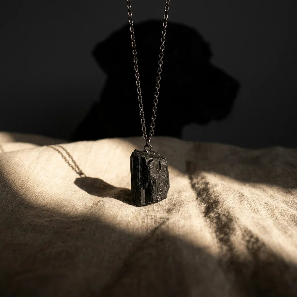 Black Tourmaline Shield Charm - black crystal protective pet necklace